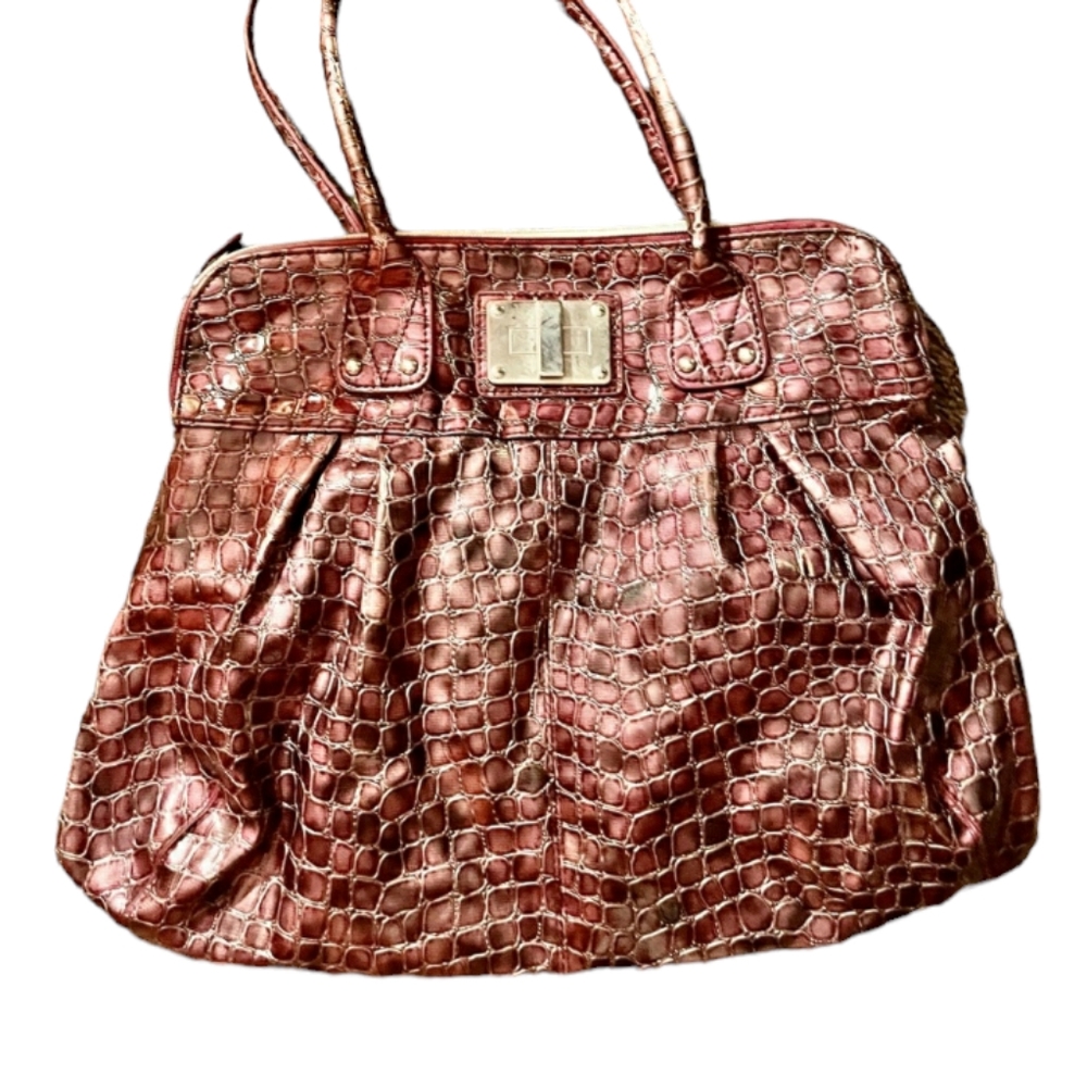Metallic Plum Brown Retro Faux Leather Embossed Croc Look Purse Handbag 13x15